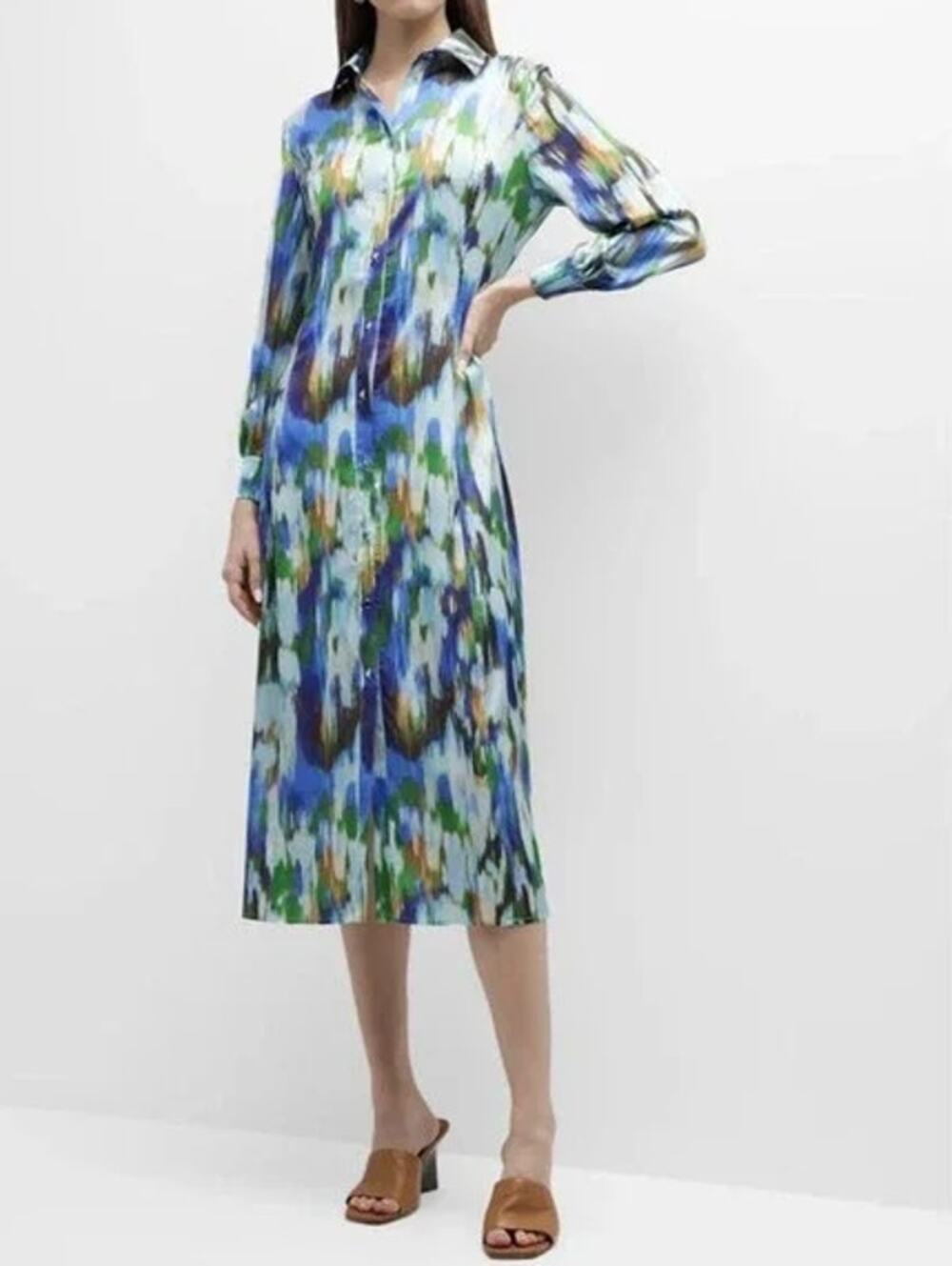 MISOOK Watercolor Long Sleeve Shirt Dress Abstract Printed Satin Midi Maxi Blue